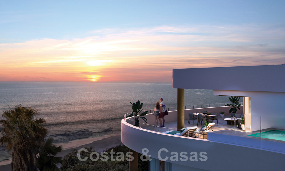 New Beachfront Modern Apartments for sale in Mijas Costa. Completed! Last and best unit! Penthouse with huge terrace with private plunge pool. Frontline. 28136