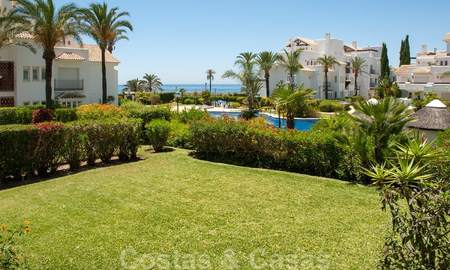 Spacious garden apartment for sale with sea views in a beautiful complex directly on the beach in Los Monteros, Marbella 26130