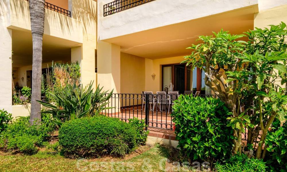 Luxury apartment for sale with open garden and sea views in a first line beach complex, on the New Golden Mile between Marbella and Estepona 26838