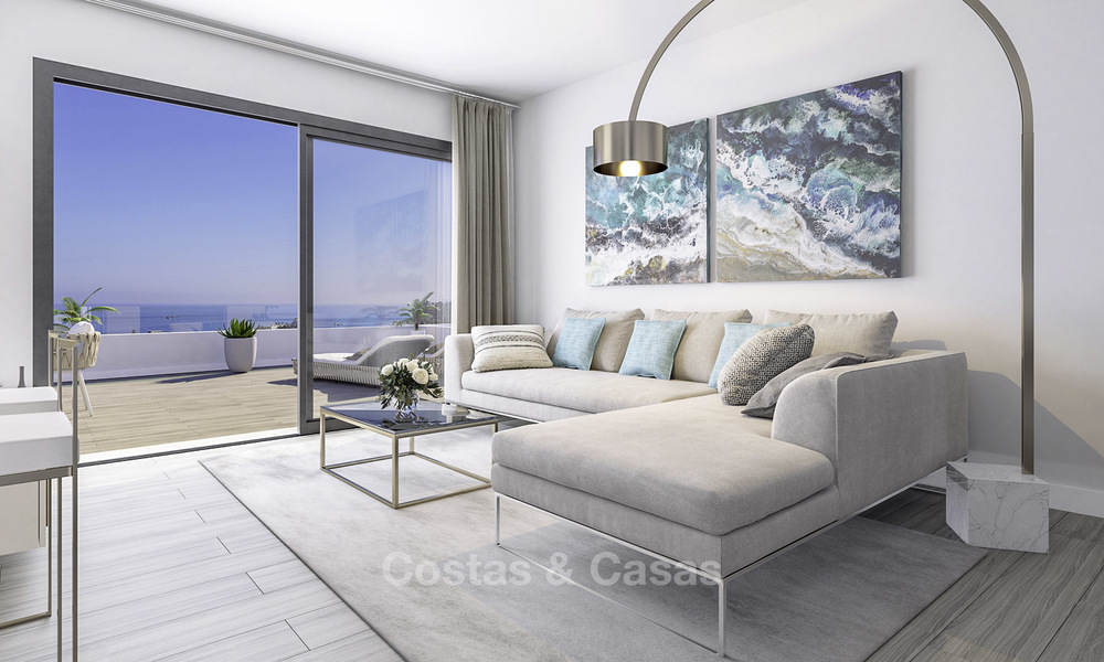 Elegant new modern apartments and penthouses with stunning sea views for sale, walking distance to the beach in Estepona 15003