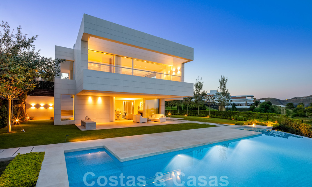 First line golf villa in elegant modern style with panoramic golf and sea views for sale in Los Flamingos Golf in Marbella - Benahavis 26107