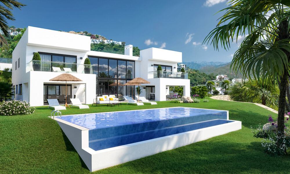 Modern new build villa with panoramic mountain- and sea views for sale in the hills of Marbella East. Almost ready. 29571