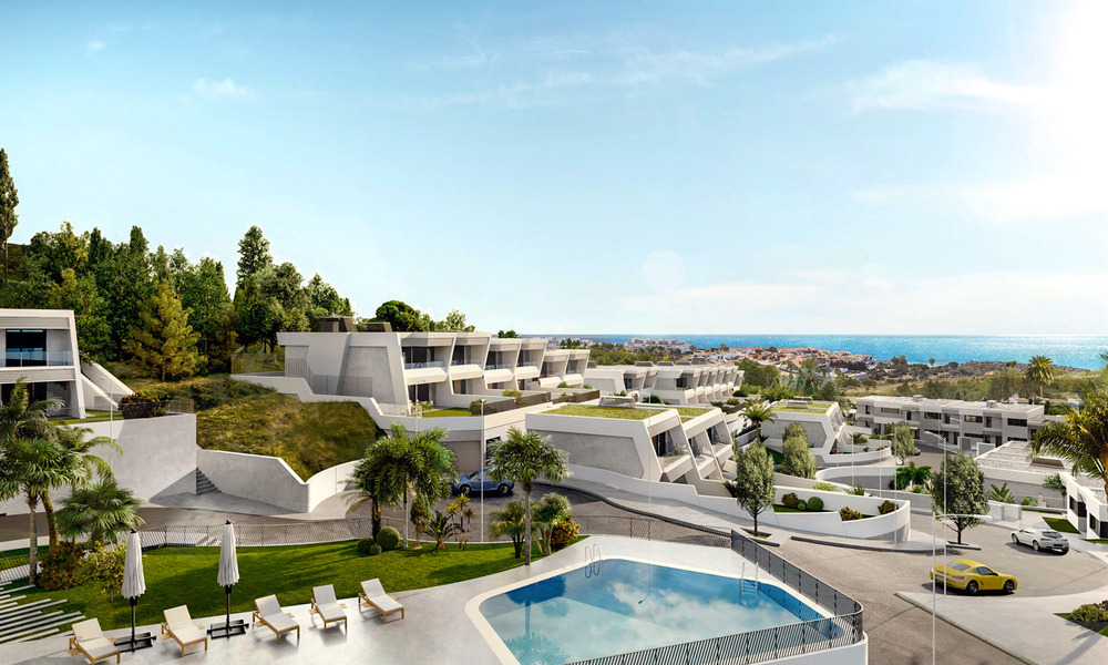 Stunning new avant-garde design terrace houses with sea views for sale in a prestigious golf resort in Mijas Costa, Costa del Sol 32652