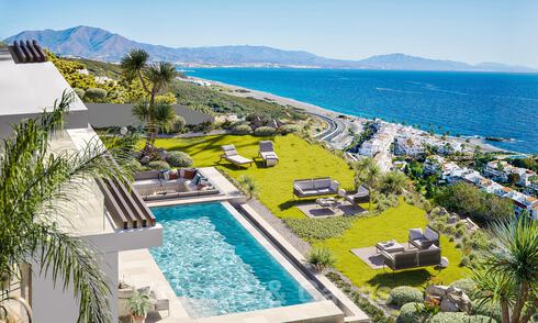 New modern luxury villas for sale with stunning panoramic sea views along the coastline to the African coast in Manilva on the Costa del Sol 34713