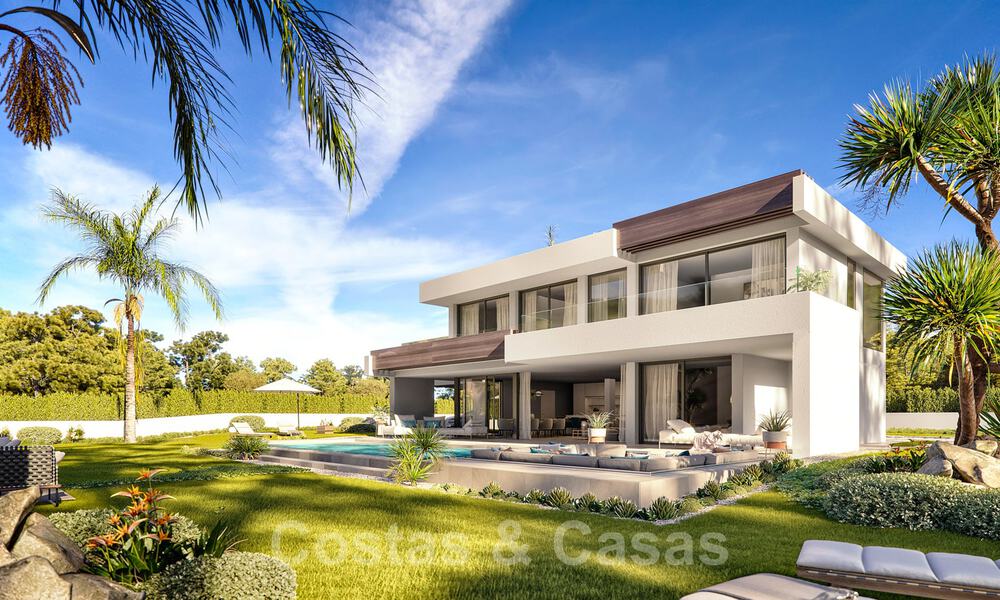 New modern luxury villas for sale with stunning panoramic sea views along the coastline to the African coast in Manilva on the Costa del Sol 34723