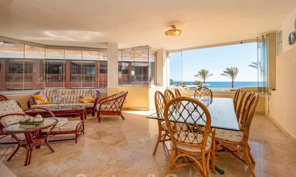 Authentic, frontline beach apartment for sale with sea views just steps from Puerto Banus, Marbella 38620