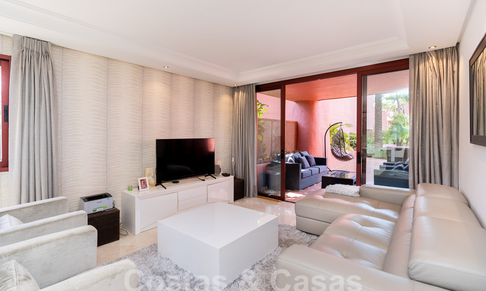 Luxury garden apartment for sale in a frontline beach complex on the New Golden Mile between Marbella and Estepona 55292